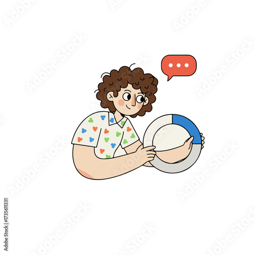 Cheerful person with curly hair holds a pie chart for data analysis and presentation, sparking insights and ideas