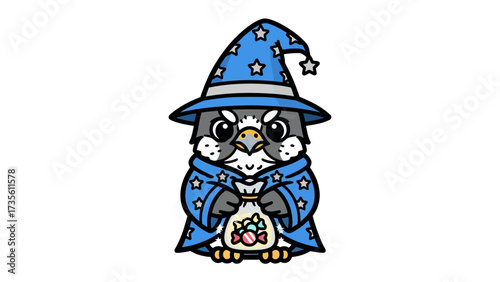 Wise Owl Wizard: A whimsical illustration of an owl, robed as a wizard and wearing a pointed hat adorned with stars, holds a bag of candies in its talons, ready to share enchantment.