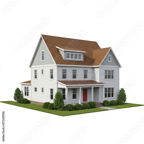 Charming detailed architectural model of a classic american suburban house with detailed landscaping