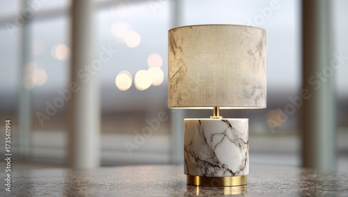 Beige table lamp with marble base, modern design, against a blurred background of windows and lights