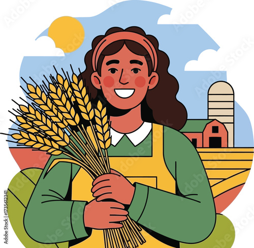 Smiling farmer holds wheat harvest in rural landscape with barn and sun