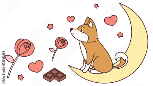 Valentine Blush colored Shiba inu with a Curious touch, placed in a Valentine theme and styled with sitting on a moon