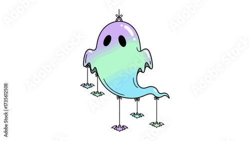 Mystical Ghost: An enchanting illustration captures a whimsical ghost with a translucent, colorful form. The design embodies playfulness and imagination, ideal for evoking a sense of Halloween spirit.
