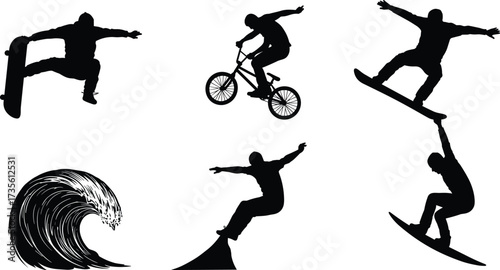Extreme sports silhouettes, skateboarding, BMX biking, snowboarding, surfing wave, action sports icons, black silhouette illustration, adrenaline activities, outdoor adventure, motion art