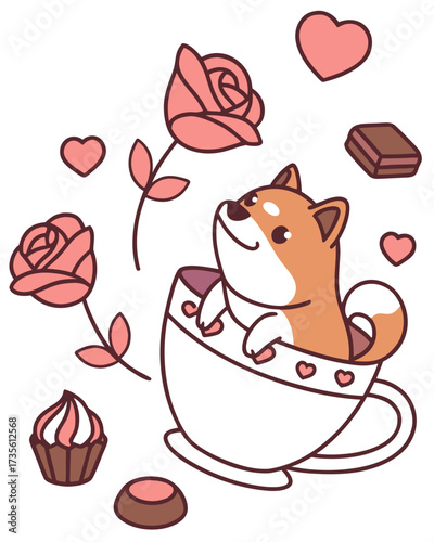 An adorable Shiba inu with a Mischievous vibe, in a teacup, and a Valentine Blush Valentine theme – SVG style