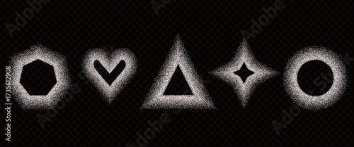 Graffiti spray paint geometric shapes frames set. Grainy noise textured white sugar y2k borders elements. Triangle, rectangle, star and circle dotwork text boxes. Vector gritty geometry callouts.