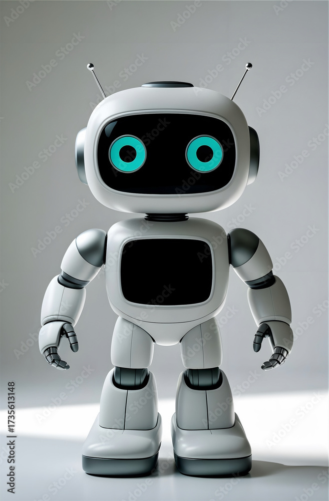 Fototapeta premium A cute, cartoon-style robot stands against a plain background. It has a rounded, glossy white body with prominent black and blue eyes. The robot features articulated arms and legs, and small antennas