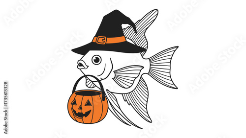 Halloween Fishy's Tricks and Treats: A whimsical Halloween illustration of a fish wearing a witch's hat and carrying a pumpkin treat bag, showcasing spooky season joy. 