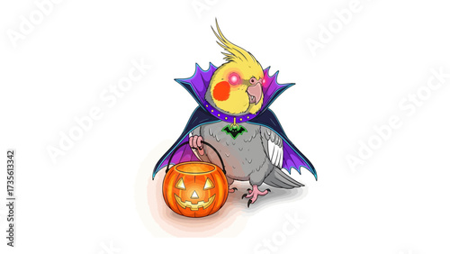 Cockatiel Vampire Costume: A charming illustration of a cockatiel dressed as a vampire, holding a carved pumpkin bucket against a simple background.