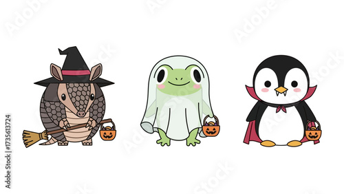 Halloween Critter Party: A whimsical trio of Halloween-themed critters, each uniquely costumed with charming festive details: Armadillo, Frog, and Penguin, each holding a trick-or-treat bucket