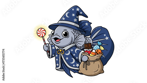 Wizard Fish on Halloween: A whimsical illustration shows a smiling fish dressed as a wizard, complete with a star-adorned hat and a candy-filled sack for trick-or-treating during Halloween season.