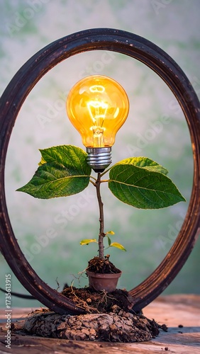 A lightbulb, plant, and metal frame