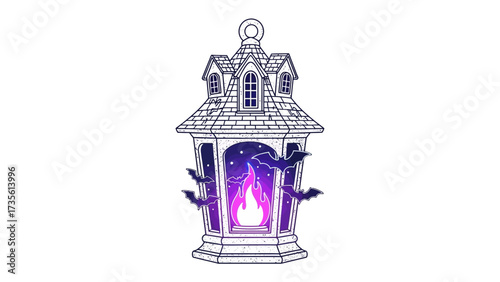 Enchanting Halloween Lantern: An artful illustration of a mystical Halloween lantern, featuring an eerie, flickering flame within, illuminated by stars and shadows, and the silhouette of bats.
