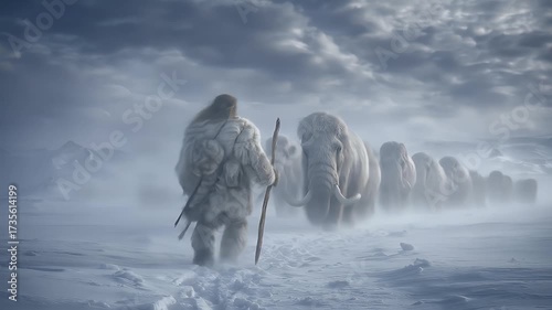 Prehistoric human figure walking in snow beside a herd of mammoths with detailed fur textures soft diffused light and a cold wintery setting creating a historical scene
