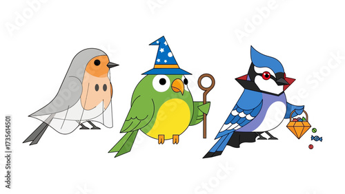 Whimsical Trio of Dressed Birds: A charming illustration showcases three avian characters, each adorned in unique costumes, creating a playful and imaginative scene.