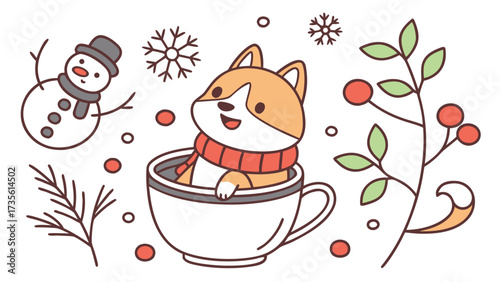Winter Wonderland themed SVG: Playful Shiba inu with in a teacup in a Winter environment
