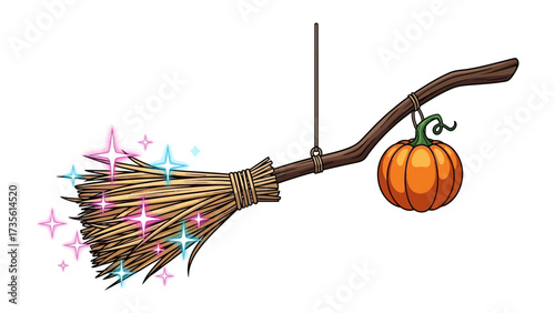 Witch's Broom and Pumpkin: A whimsical and magical illustration features a classic witch's broom adorned with sparkling effects and a decorative pumpkin, conjuring thoughts of fantasy and enchantment.