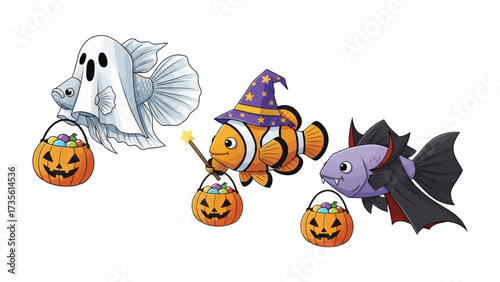 Halloween-themed fish: Three cartoon fish dressed in Halloween costumes carry pumpkin treat buckets. 