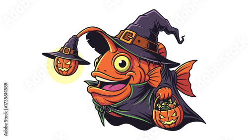 Halloween Anglerfish: A whimsical illustration presents a jovial anglerfish, adorned in a witch's hat and cloak, playfully holding a jack-o'-lantern, evoking the spirit of Halloween.