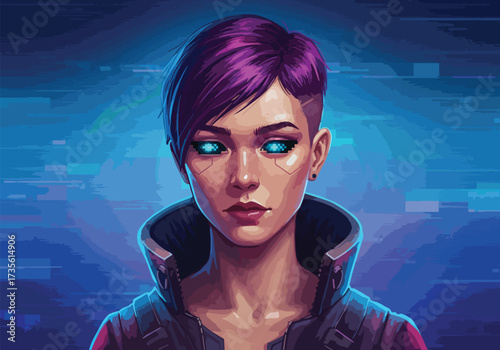 A futuristic portrait of a woman with purple hair and glowing blue eyes, looking forward.