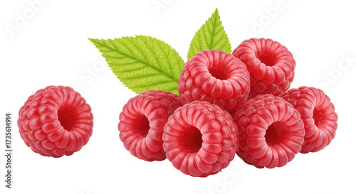 Fresh red raspberries with green leaves isolated on transparent background, delicious and healthy fruit for summer desserts