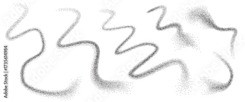 Noise gradation fly stroke shapes set. Grainy texture splash wavy long elements. Dark sand dotwork forms. Vector gritty wavy lines. Grunge food figures.