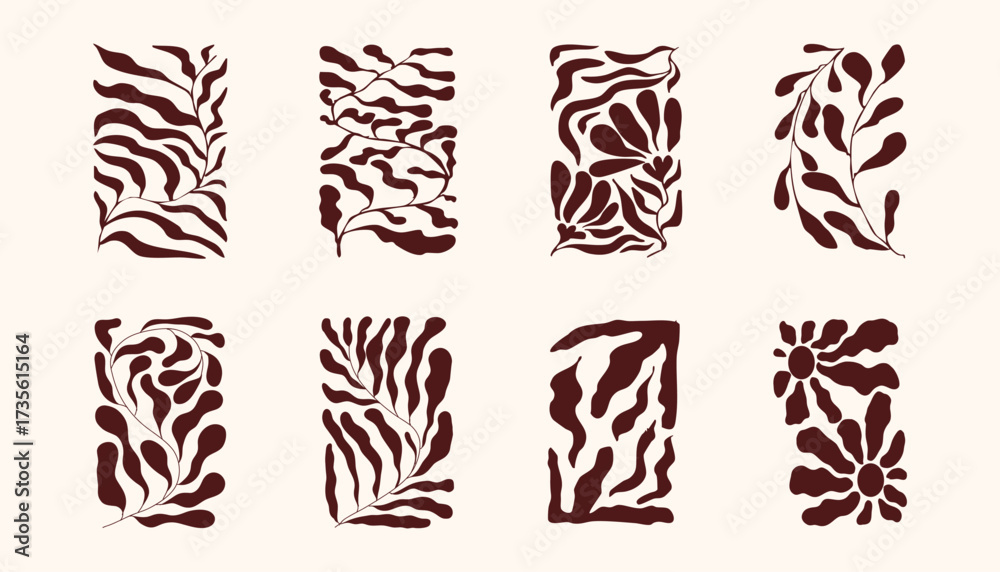 Fototapeta premium Abstract trendy flower set aesthetic, boho y2k nature hand drawn poster, retro geometric print. Line groovy organic graphic.