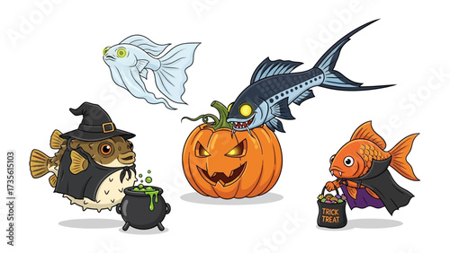 Spooky Halloween fish celebration: A whimsical Halloween scene features several unique fish characters dressed in festive costumes, gathered around a carved pumpkin, to celebrate the holiday. 