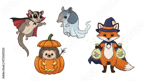 Halloween Animal Cartoon: Four cute, cartoon animals are dressed up in their Halloween best with a hint of enchantment, setting the stage for a season of spooktacular fun!