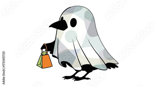 Trick or Treat Bird: A charming illustrated bird playfully dressed as a ghost, delighting in the spirit of Halloween, clutching a treat bag, radiating festive cheer.