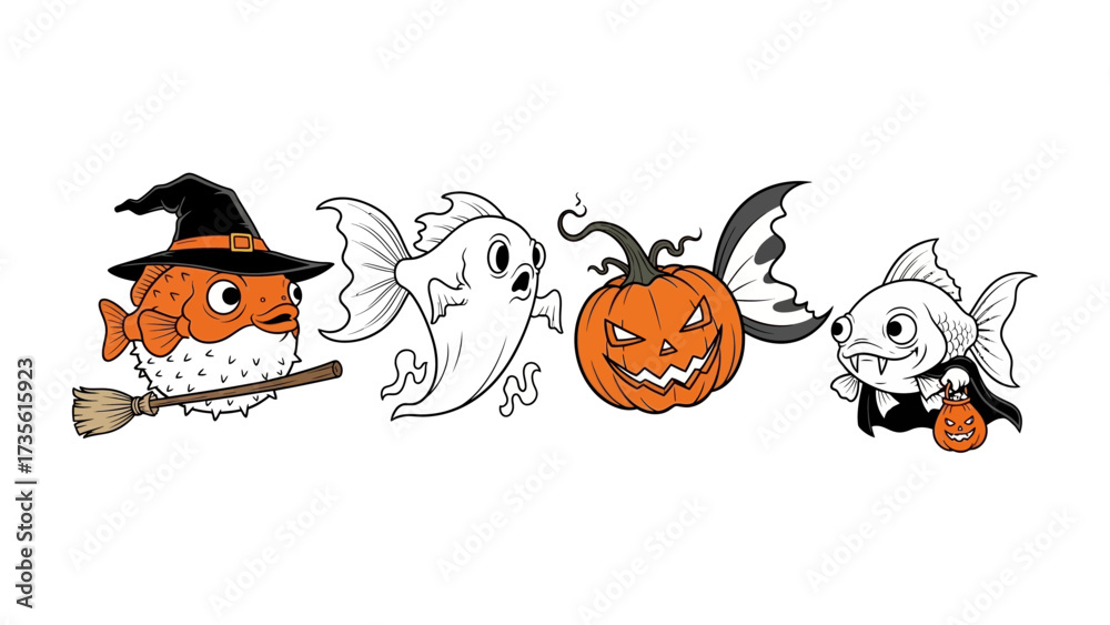 Obraz premium Halloween Fish Carnival: Four playfully costumed fish bring the spooky spirit of Halloween to life, celebrating with whimsical costumes like a witch, ghost, pumpkin.