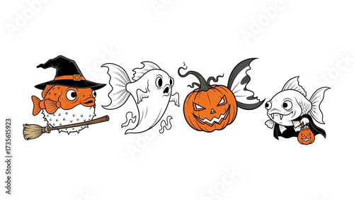 Halloween Fish Carnival: Four playfully costumed fish bring the spooky spirit of Halloween to life, celebrating with whimsical costumes like a witch, ghost, pumpkin.