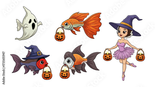 Spooky Halloween Characters: Whimsical Halloween scene featuring an array of friendly creatures, including ghost and cute fish, adorned with festive hats, offering a treat-filled pumpkin.
