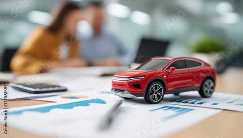 Red toy car on a desk with financial documents and a calculator, symbolizing car financing or insurance.