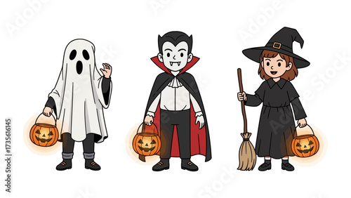 Halloween Costume Trio: A charming, illustrated ensemble of Halloween characters, featuring a ghost, vampire, and witch, each clutching a glowing jack-o'-lantern.