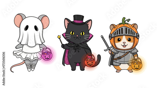 Whimsical Halloween Characters Trio: Featuring a charming cartoon mouse dressed as a ghost, a black cat in a vampire cape, and a hamster in knight attire.