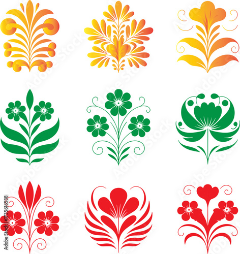 Collection of nine colorful floral decorative elements in vibrant hues and styles