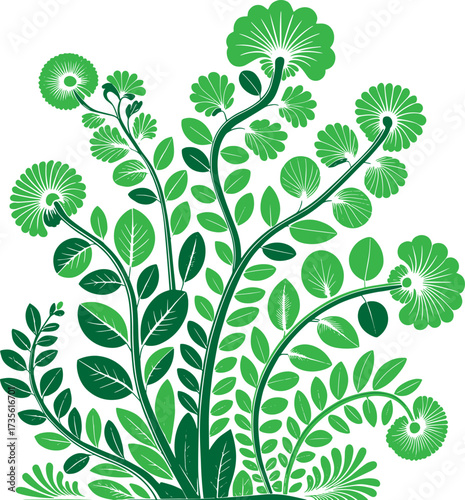 Abstract green foliage and blooms detailed botanical pattern design botanical garden floral art