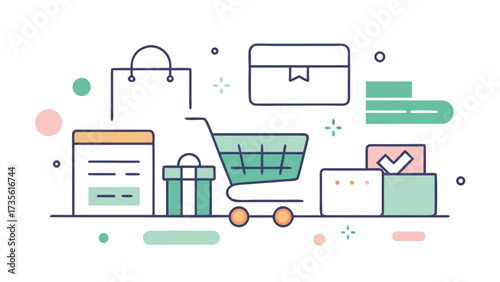 Online shopping and e-commerce concept with shopping cart, gift box, and digital elements in flat line style