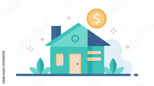 Modern house with dollar coin symbolizing real estate investment, property value and home financing