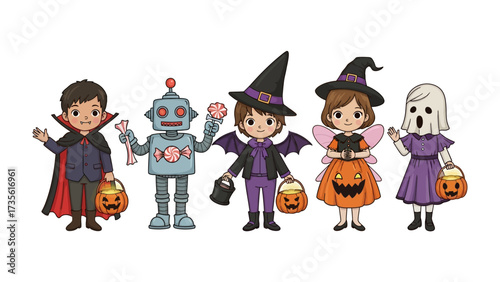Halloween Masquerade: A whimsical group of costumed children, ready to embark on their trick-or-treating adventures. A playful image to capture the essence of the festive season