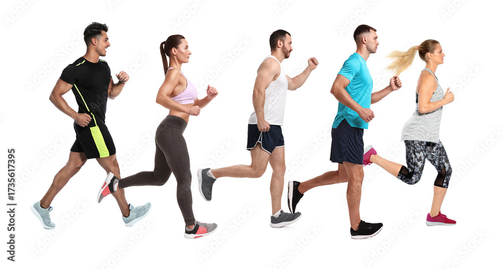 Obraz premium Sporty men and women running on white background