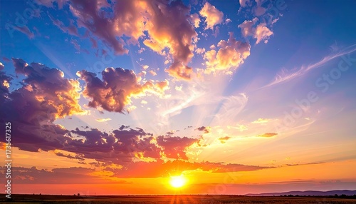 Dramatic Sky During Golden Hour with Sun Rays and Clouds in Gradient Blue and Orange Hues Over Distant Horizon in Landscape Format