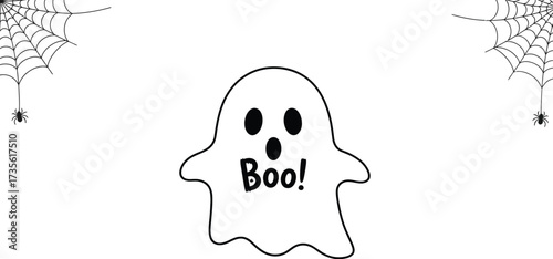 Cute ghost with boo message and spiderwebs for halloween decoration theme