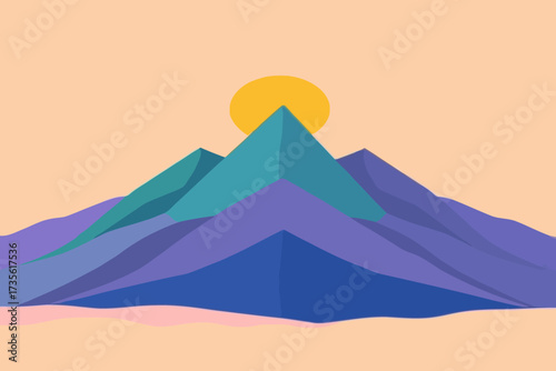 A minimalist illustration of colorful, geometric mountains under a rising sun against a pale orange sky.