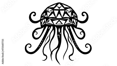 Black art vector illustration of an octopus with floral decoration element pattern on a white background