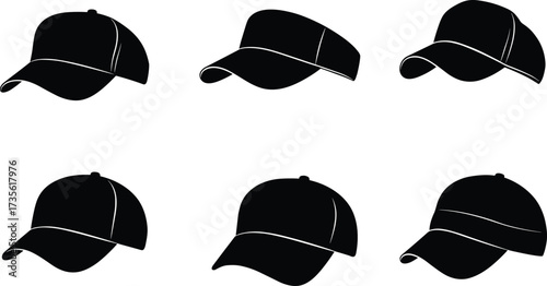 Baseball cap silhouettes, black vector illustration, casual sport hat icons, stylish headwear design, modern fashion accessory, trendy caps collection, isolated