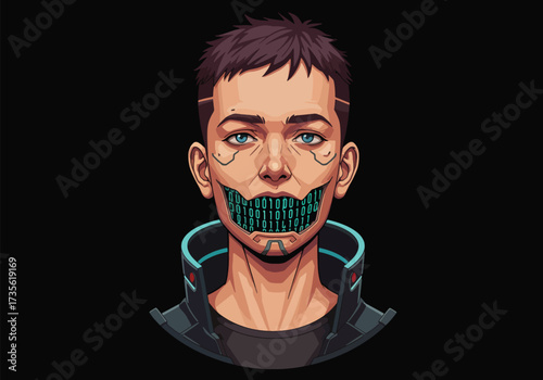 Digital portrait of a young person with a cybernetic mouth, against a black background.