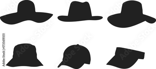 Set of fashionable hat silhouettes including wide brim hat, fedora, sun hat, bucket hat, baseball cap and visor