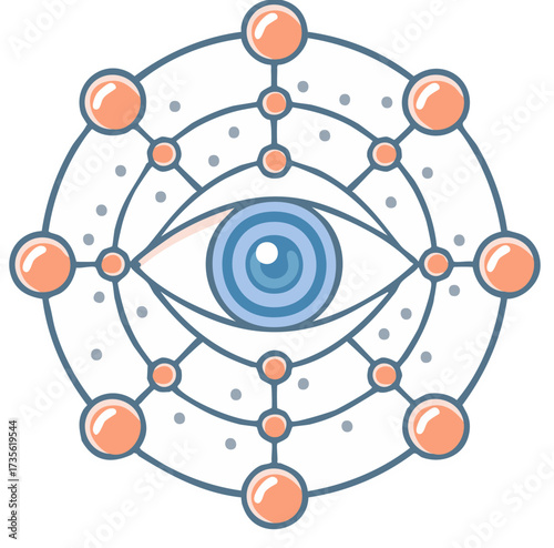 Mystic Eye Symbol with Network of Connected Orbs and Dots